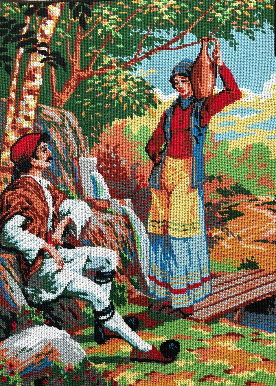 Finished Diamant Needlepoint Canvas Countryside Scene Man Woman Greece 19x27 HTF